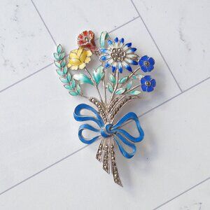 Art Deco Sterling Silver Enamel Floral Bouquet Brooch w/ Marcasite Accents, 1930